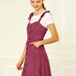 Allegra K Women's Strap Button Down Faux Suede A-Line Mini Overall Dress 95 Allegra K Women's Strap Button Down Faux Suede A-Line Mini Overall Dress