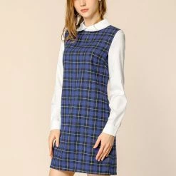 Allegra K Women's Contrast Peter Pan Collar Long Sleeve Check Shift Dress