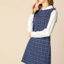 Allegra K Women's Contrast Peter Pan Collar Long Sleeve Check Shift Dress