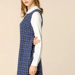 Allegra K Women's Contrast Peter Pan Collar Long Sleeve Check Shift Dress