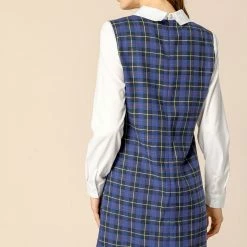 Allegra K Women's Contrast Peter Pan Collar Long Sleeve Check Shift Dress