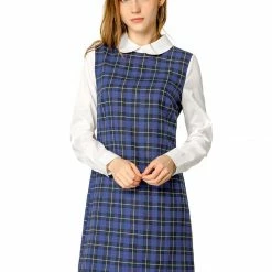 Allegra K Women's Contrast Peter Pan Collar Long Sleeve Check Shift Dress