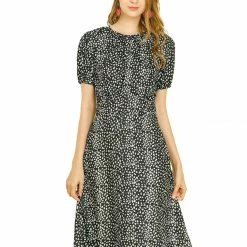 Allegra K Women's Gathering Round Neck Dress Short Sleeve Elastic Cuff Tie Strap Back Dresses