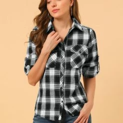Allegra K Check Roll Up Sleeves Shirt With Flap Pockets