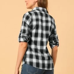 Allegra K Check Roll Up Sleeves Shirt With Flap Pockets