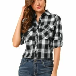 Allegra K Check Roll Up Sleeves Shirt With Flap Pockets