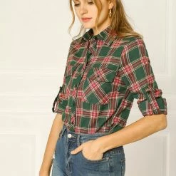 Allegra K Check Roll Up Sleeves Shirt With Flap Pockets