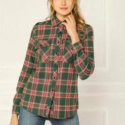 Allegra K Check Roll Up Sleeves Shirt With Flap Pockets