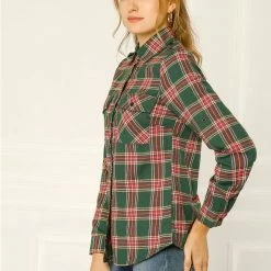 Allegra K Check Roll Up Sleeves Shirt With Flap Pockets
