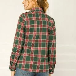 Allegra K Check Roll Up Sleeves Shirt With Flap Pockets