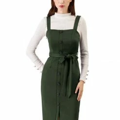 Allegra K Women's Jumper Dress Button Front Bow Tie Waist Slim Fit Pinafore Overall Pencil Dress