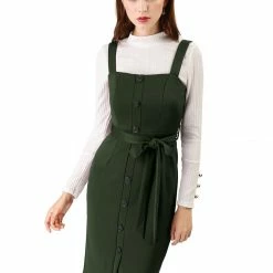 Allegra K Women's Jumper Dress Button Front Bow Tie Waist Slim Fit Pinafore Overall Pencil Dress