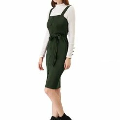 Allegra K Women's Jumper Dress Button Front Bow Tie Waist Slim Fit Pinafore Overall Pencil Dress