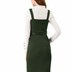 Allegra K Women's Jumper Dress Button Front Bow Tie Waist Slim Fit Pinafore Overall Pencil Dress