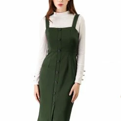 Allegra K Women's Jumper Dress Button Front Bow Tie Waist Slim Fit Pinafore Overall Pencil Dress