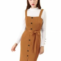 Allegra K Women's Jumper Dress Button Front Bow Tie Waist Slim Fit Pinafore Overall Pencil Dress