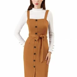 Allegra K Women's Jumper Dress Button Front Bow Tie Waist Slim Fit Pinafore Overall Pencil Dress