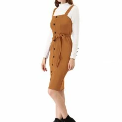 Allegra K Women's Jumper Dress Button Front Bow Tie Waist Slim Fit Pinafore Overall Pencil Dress