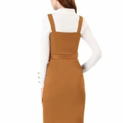 Allegra K Women's Jumper Dress Button Front Bow Tie Waist Slim Fit Pinafore Overall Pencil Dress