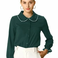 Allegra K Women's Sweet Ruffle Peter Pan Collar Long Sleeves Button Up Shirt