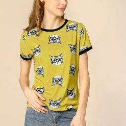 Allegra K Short Sleeve Contrast Trim Cartoon Cat Print T-Shirt Women