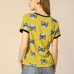 Allegra K Short Sleeve Contrast Trim Cartoon Cat Print T-Shirt Women