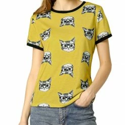Allegra K Short Sleeve Contrast Trim Cartoon Cat Print T-Shirt Women
