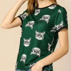 Allegra K Short Sleeve Contrast Trim Cartoon Cat Print T-Shirt Women