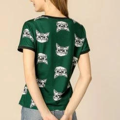 Allegra K Short Sleeve Contrast Trim Cartoon Cat Print T-Shirt Women