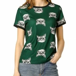 Allegra K Short Sleeve Contrast Trim Cartoon Cat Print T-Shirt Women