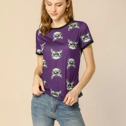 Allegra K Short Sleeve Contrast Trim Cartoon Cat Print T-Shirt Women