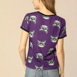 Allegra K Short Sleeve Contrast Trim Cartoon Cat Print T-Shirt Women