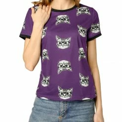 Allegra K Short Sleeve Contrast Trim Cartoon Cat Print T-Shirt Women