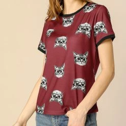 Allegra K Short Sleeve Contrast Trim Cartoon Cat Print T-Shirt Women