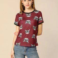 Allegra K Short Sleeve Contrast Trim Cartoon Cat Print T-Shirt Women