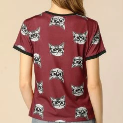 Allegra K Short Sleeve Contrast Trim Cartoon Cat Print T-Shirt Women