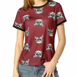 Allegra K Short Sleeve Contrast Trim Cartoon Cat Print T-Shirt Women