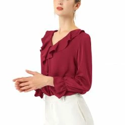 Allegra K Ruffle V Neck Bracelet Sleeve Vintage Peasant Chiffon Blouse Women