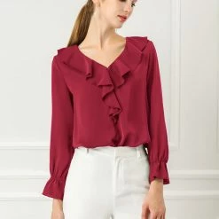 Allegra K Ruffle V Neck Bracelet Sleeve Vintage Peasant Chiffon Blouse Women