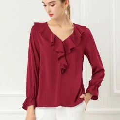 Allegra K Ruffle V Neck Bracelet Sleeve Vintage Peasant Chiffon Blouse Women