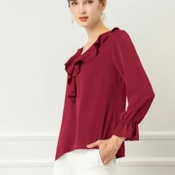 Allegra K Ruffle V Neck Bracelet Sleeve Vintage Peasant Chiffon Blouse Women