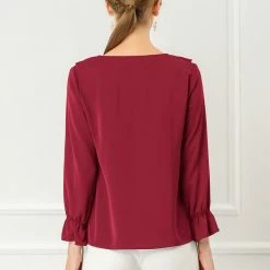 Allegra K Ruffle V Neck Bracelet Sleeve Vintage Peasant Chiffon Blouse Women