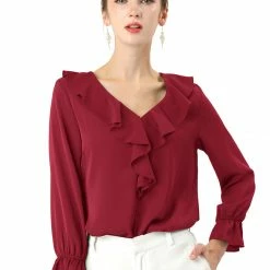 Allegra K Ruffle V Neck Bracelet Sleeve Vintage Peasant Chiffon Blouse Women