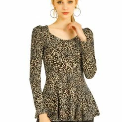 Allegra K 6507 Ladies Long Sleeves Scoop Neck Leopard Prints Peplum Shirt Women