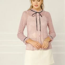 Allegra K Women's Lace Top Floral Semi Sheer Long Sleeve Button Down Office Business Blouse