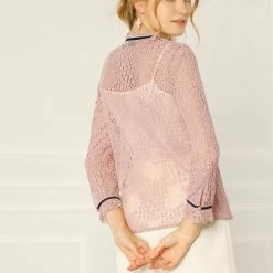 Allegra K Women's Lace Top Floral Semi Sheer Long Sleeve Button Down Office Business Blouse