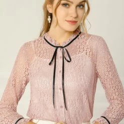 Allegra K Women's Lace Top Floral Semi Sheer Long Sleeve Button Down Office Business Blouse