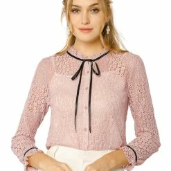 Allegra K Women's Lace Top Floral Semi Sheer Long Sleeve Button Down Office Business Blouse