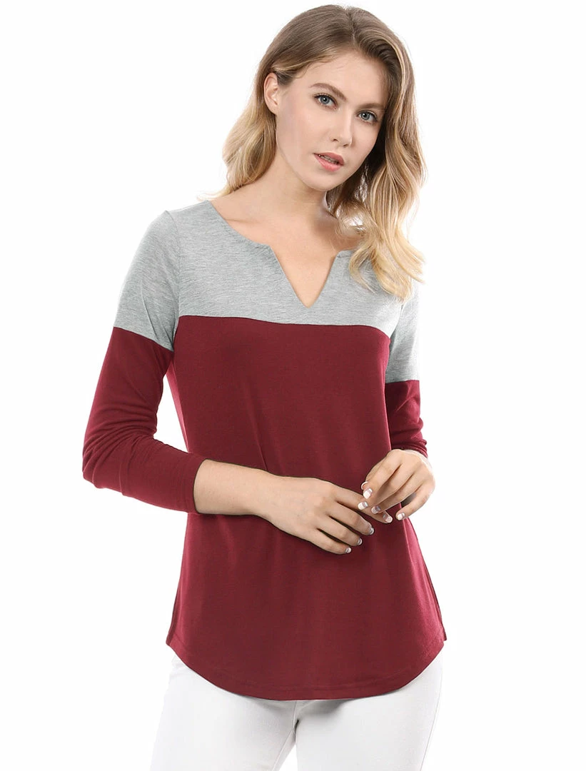 Allegra K Split V-neck Long Sleeves Color Block T-Shirt 30 Allegra K Split V-neck Long Sleeves Color Block T-Shirt