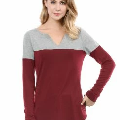 Allegra K Split V-neck Long Sleeves Color Block T-Shirt 84 Allegra K Split V-neck Long Sleeves Color Block T-Shirt